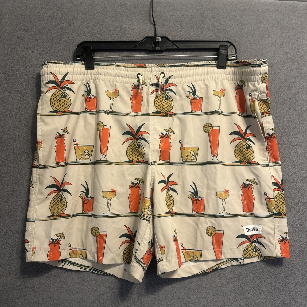 Duvin Swim Trunks Mens XL Cocktail Print Drawstring Beach Vacation *unlined 6"